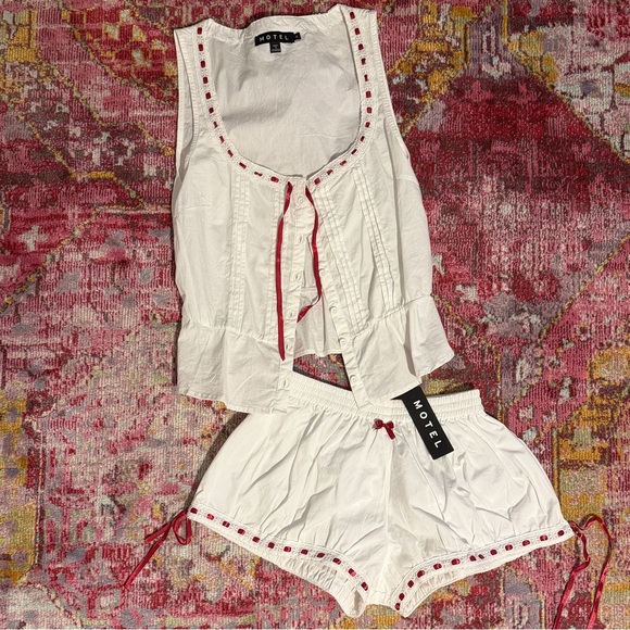 NWT Motel Rocks Set White Cotton Tank & Short with Red Trim - Picture 2 of 3